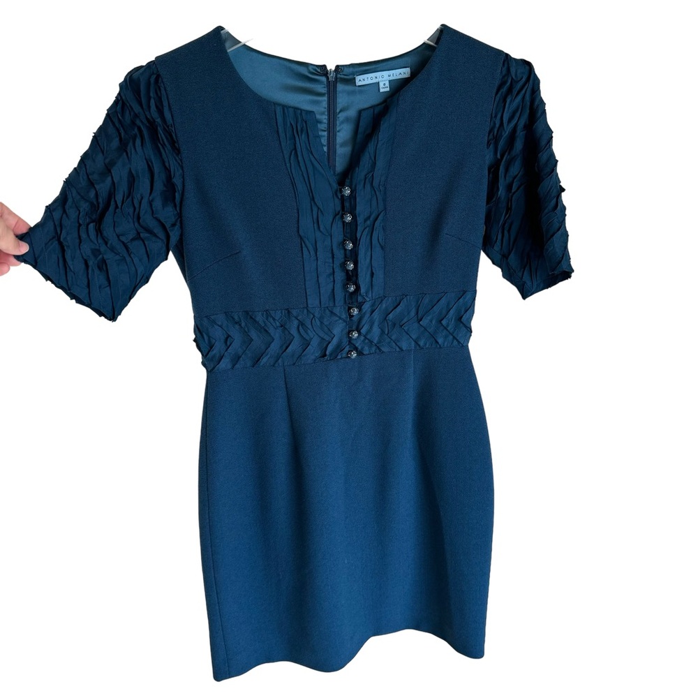 Antonio Melani Silk Blue Green Button Detail Sheath Dress